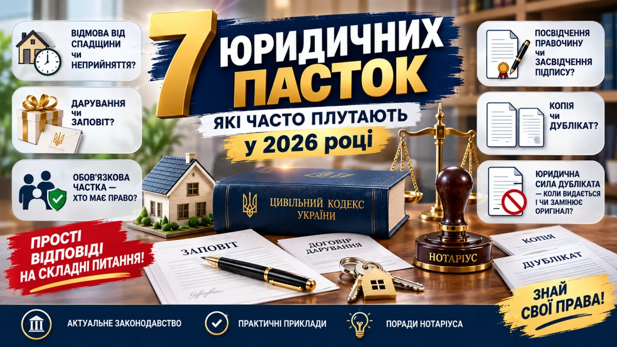 обкладинка статті: Юридичні пастки у 2026 році: 7 понять, які легко переплутати у спадщині, нерухомості та нотаріальних документах